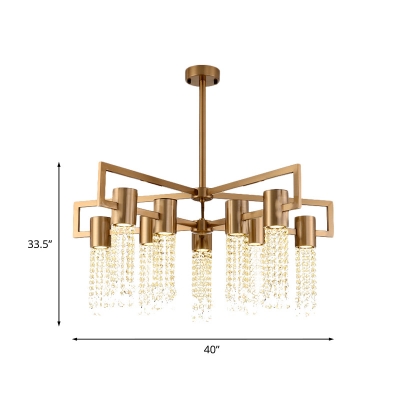 Tube Crystal Strand Semi Mount Lighting Modernist 10-Light Brass Radial Ceiling Lamp Fixture