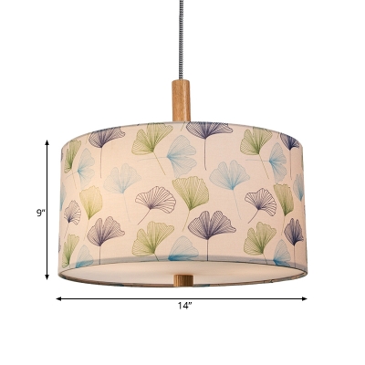 White 1-Light Hanging Pendant Light Pastoral Fabric Drum Shade Ceiling Hang Fixture with Ginkgo Leaf Pattern