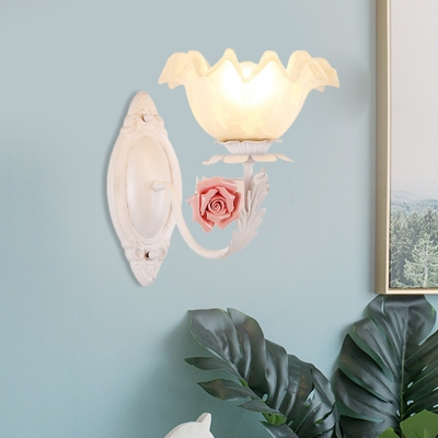 White/Light Brown 1-Bulb Sconce Korean Flower Opal Glass Scalloped Wall Light Fixture for Living Room