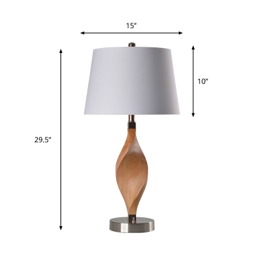 Wood Twisted Night Light Minimalistic Single Table Lamp with White Tapered Fabric Shade