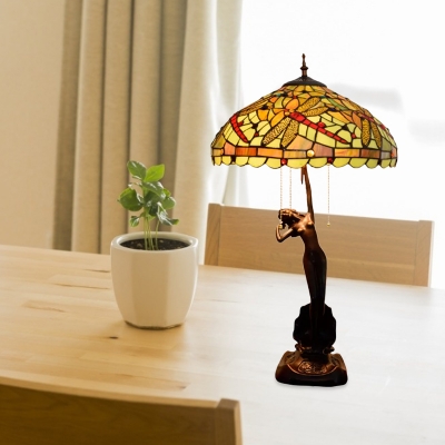 Yellow/Green Dragonfly Nightstand Lamp Tiffany 3-Head Hand Cut Glass Pull Chain Table Light with Naked Woman Base