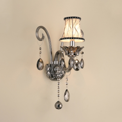1/2-Light Flared Wall Light Classic Smoke Gray Crystal Wall Sconce with Fabric Shade