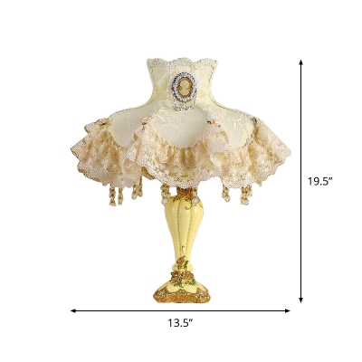 1 Bulb Fabric Night Stand Lamp Pastoral Beige Princess Lace Skirt Bedroom Table Light with Drape