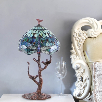 1 Head Bedroom Tree Night Light Tiffany Coffee Dragonfly Patterned Nightstand Lighting with Dome Stained Art Glass Shade