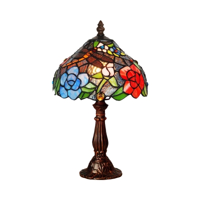1 Light Bowl Night Table Lamp Victorian Bronze Hand Cut Glass Nightstand Lighting with Dragonfly and Floral Pattern