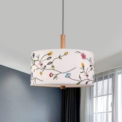 1 Light Drop Pendant Country Bedroom Petal Pattern Hanging Ceiling Light with Round Fabric Shade in White
