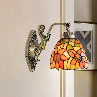 1 Light Sunflower/Peony Wall Lamp Tiffany Beige/Orange Stained Art Glass Wall Sconce Light for Living Room