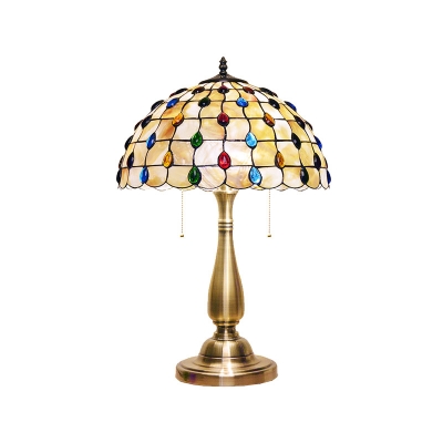 2 Bulbs Bedroom Night Lighting Tiffany Gold Beaded Patterned Nightstand Lamp with Lattice Bowl Shell Glass Shade