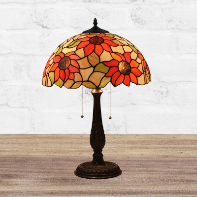 2-Head Desk Lighting Victorian Stained Art Glass Pull Chain Night Light in Bronze with Sunflower Pattern