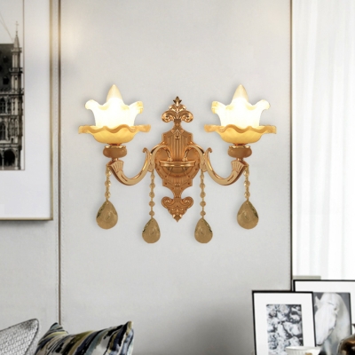 2-Head Frosted Glass Wall Lamp Modern Gold Ruffle-Trimmed Living Room Sconce Light with Crystal Drop