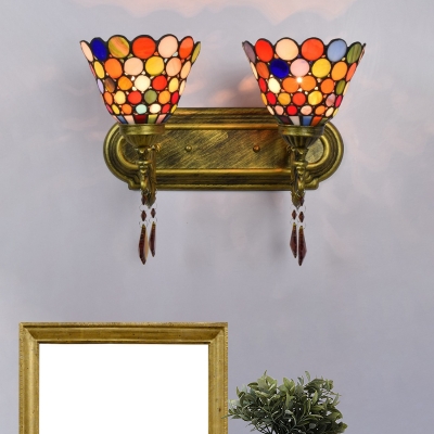 2 Heads Wall Mounted Light Tiffany Dots Bell Shaped Stained Art Glass Wall Sconce Lighting in Brass