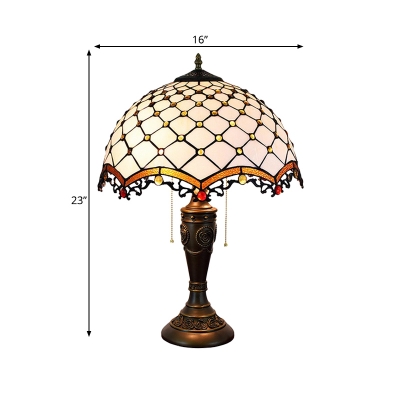 2-Light Beaded Nightstand Lamp Baroque Bronze Finish Beige Glass Pull Chain Desk Light with Scalloped Shade