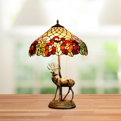 2 Lights Deer Pull Chain Desk Lamp Baroque Bronze Resin Petal Patterned Night Table Light with Bowl Hand Cut Glass Shade