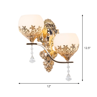 2 Lights Wall Sconce Traditional Dome Milk Glass Wall Mount Light Fixture with Flower Decor in Gold