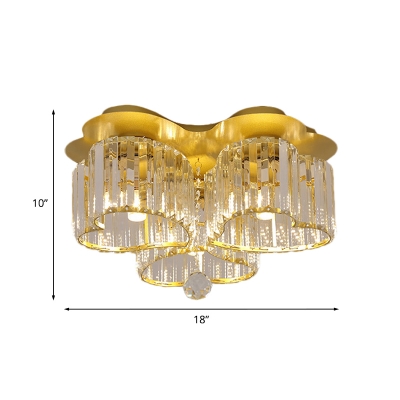 3/4-Head Love Shaped Flush Ceiling Light Modernist Gold Crystal Prism Flushmount Lamp