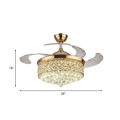 3 Blades Drum Hanging Fan Lamp Contemporary Crystal Ball LED Gold Semi Flush Lighting, 26