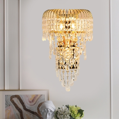 3 Heads Cascade Sconce Light Fixture Traditional Gold Beveled K9 Crystal Wall Lighting