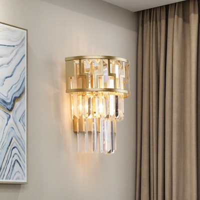 3-Tiered Tapered Crystal Prism Wall Light Mid-Century 2 Lights Living Room Flush Mount Wall Sconce in Gold