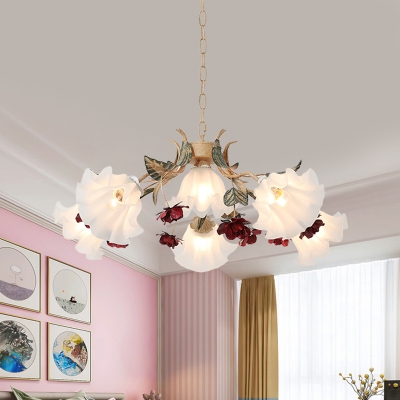 4/6 Heads Hanging Chandelier Korean Flower Pendant with Scalloped Opal Glass Shade in Red
