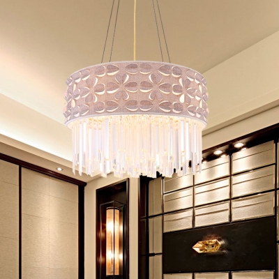 4-Light Drum Pendant Chandelier Modernist White Crystal Icicles Hanging Lamp for Dining Room