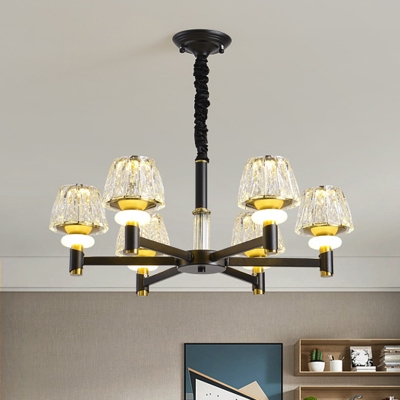 6/8-Bulb Truncated Cone Chandelier Modern Style Black Beveled Crystal Pendant Light Fixture for Bedroom