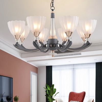 6/8 Heads Bowl Ceiling Chandelier Traditional White Ribbed Glass Pendant Lighting Fixture with Curved Arm