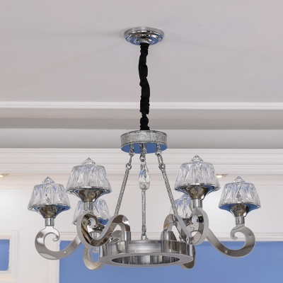 6-Head Scroll Arm Chandelier Modern Style Chrome Finish Crystal Hanging Light Fixture
