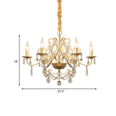 6 Heads Scrolled Arm Pendant Light Countryside Gold Crystal Chandelier with Open Bulb Design