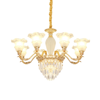 8-Head Ceiling Chandelier Modern Frosted Glass Ruffle Drop Lamp with Tiered Crystal Accent in Gold