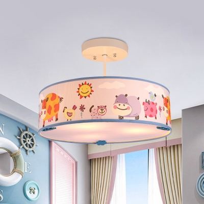 Animal Patterned Fabric Drum Semi Flush Cartoon 3 Lights White and Blue Close to Ceiling Lamp