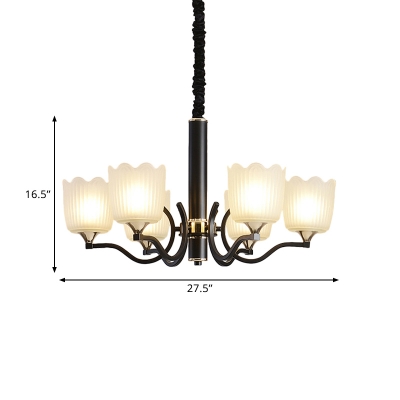Black 3/6/8 Heads Chandelier Lighting Retro Frosted Ribbed Glass Cylinder Hanging Light Kit with Wavy Edge