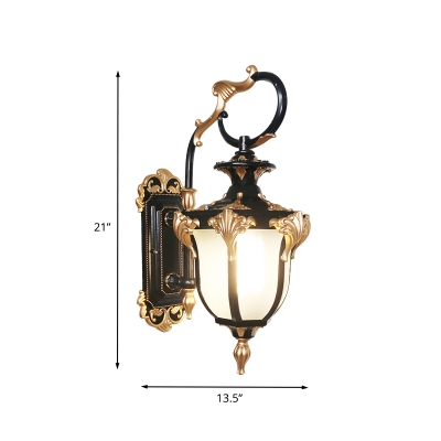 Black and Gold Wall Mount Lighting Farmhouse Aluminum 1 Light Outdoor Wall Lamp with Urn Opal Glass Shade