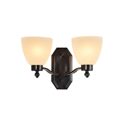 Black Bowl Shade Wall Light Fixture Country Style Frosted Glass 1/2 Bulbs Living Room Wall Mount Lighting