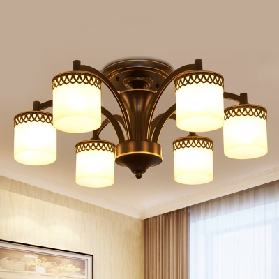 Black Cylinder Semi Flush Mount Retro Tan Glass 3/6/8 Lights Living Room Flushmount Lighting