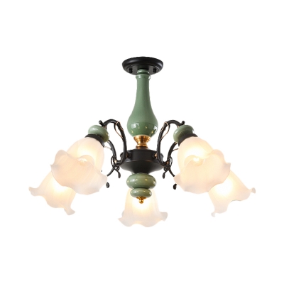Blossom Opal Glass Semi Flush Light Antique 3/5-Head Bedroom Flush Mount Lamp in Black/Gold