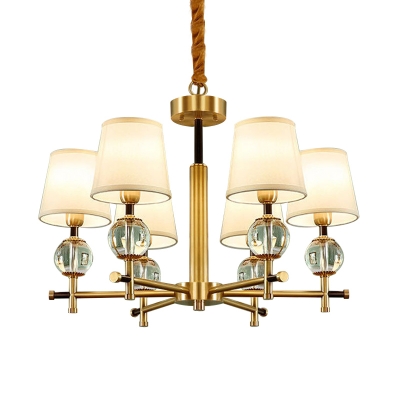 Brass Radial Chandelier Mid-Century Metal 6 Heads Dining Room Suspension Lamp with Cone Fabric Shade