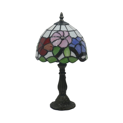 Bronze 1-Head Table Lamp Mediterranean Stained Art Glass Dome Shade Rose Patterned Night Lighting for Bedside