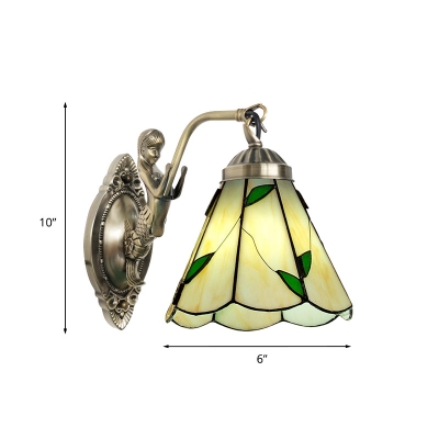 Bronze 1-Light Wall Lamp Tiffany White/Beige Glass Scalloped Tapered Shape Wall Sconce Light
