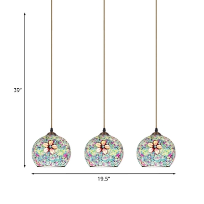 Bronze 3 Bulbs Multi Pendant Tiffany Stained Art Glass Sphere Suspended Lighting Fixture with Floral Pattern
