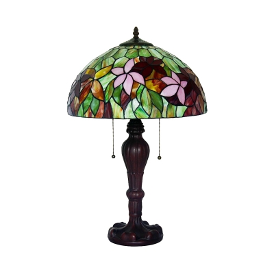 Bronze Finish Bowl Night Lighting Victorian 2-Light Stained Art Glass Clematis Patterned Nightstand Lamp with Pull Chain