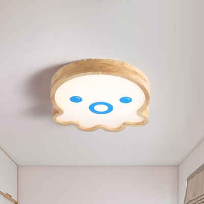 Cartoon Octopus LED Ceiling Flush Wood Kids Bedroom Flushmount Lighting in White/Warm Light