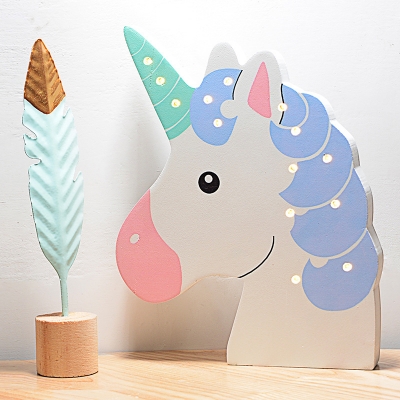 Cartoon Unicorn Head Wooden Table Lamp Mini LED Night Stand Light in White with Wall Mounting Hook