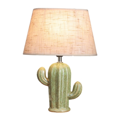 Ceramic Cactus Table Lamp Kid 1 Head Green Night Light with Tapered Fabric Lamp Shade