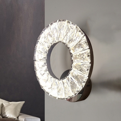 Chrome Circular Sconce Lamp Minimalist Clear Crystal Block LED Bedroom Wall Light Fixture
