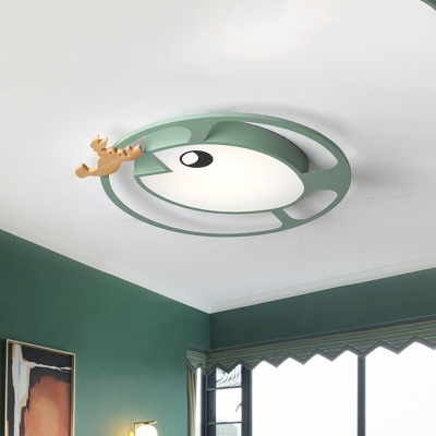 Circle Acrylic Flush Ceiling Light Creative Grey/Green LED Flush Mount with Wooden Shrimp Decor
