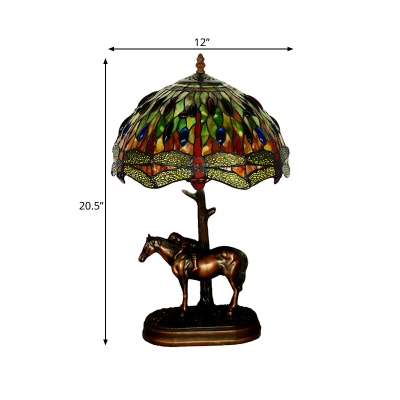 Coffee 1-Head Table Lighting Baroque Stained Glass Dragonfly Patterned Night Lamp with Resin Horse and Kid Deco