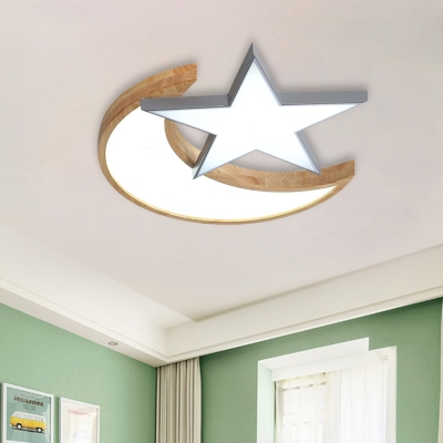 Color-Block Moon and Star Flush Light Nordic Acrylic Kids Bedroom LED Ceiling Mounted Lamp in Grey/Pink/Green and Wood