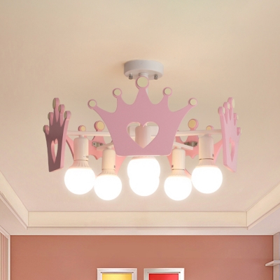 Crown Semi Flush Mount Chandelier Kid Wood 6 Bulbs Pink Close to Ceiling Light for Girl's Room