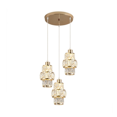 Crystal 3-Tier Round Hanging Light Kit Minimal 3 Lights Gold Cluster Pendant for Dining Room