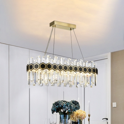 Crystal Block Oval Island Light Modern LED Kitchen Suspension Lighting in Black and Gold